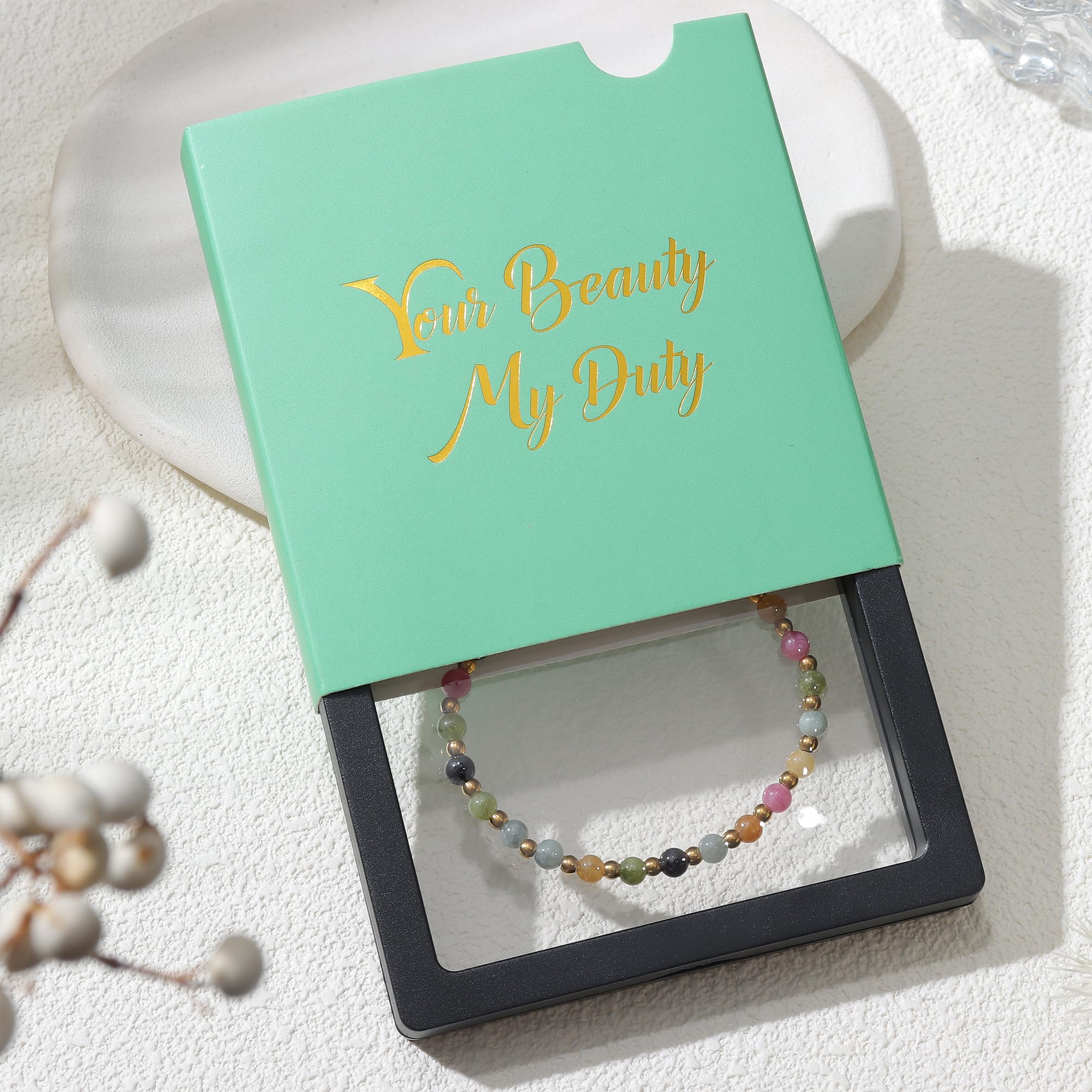 YCTTKDD Pulseras de Cuentas para Mujeres y niñas: Piedra Natural de 5 mm, Cuentas de Acero Inoxidable de 3 mm, joyería Boho de Cristal chapada en Oro Ajustable con Caja de Regalo