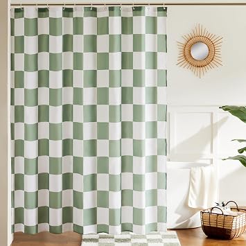 Ohocut Checkered Shower Curtain, Sage Green Shower Curtains for Bathroom, Cute Retro Checkerboard Vintage Aesthetic, Machine Washable Fabric Bath Curtain, 180x180cm