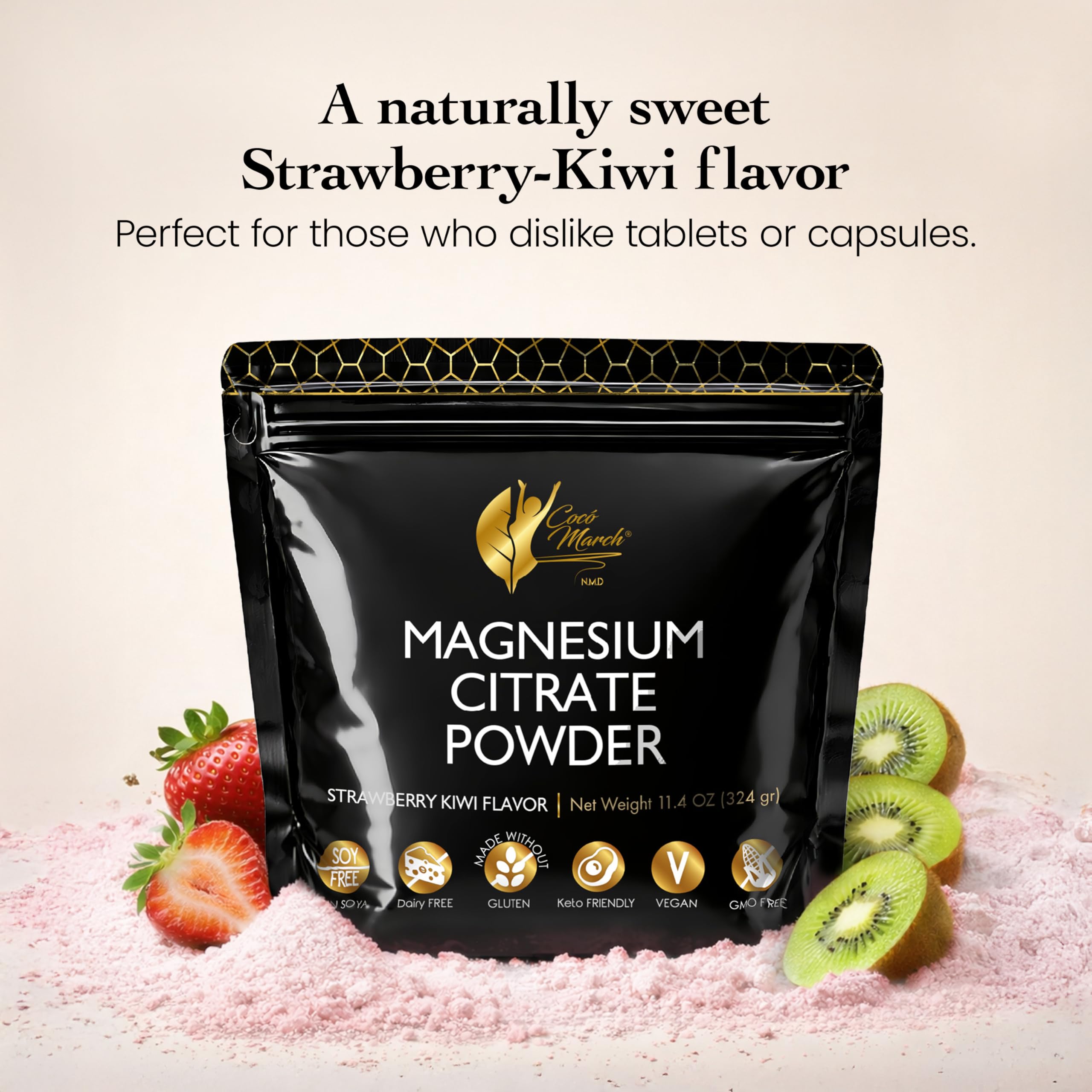 Cocó March N.M.D Polvo de Magnesio Rosa – Favorece el sueño reparador, la relajación y la función cerebral – Suplemento vegano sabor fresa, apto para dieta keto – 45 raciones