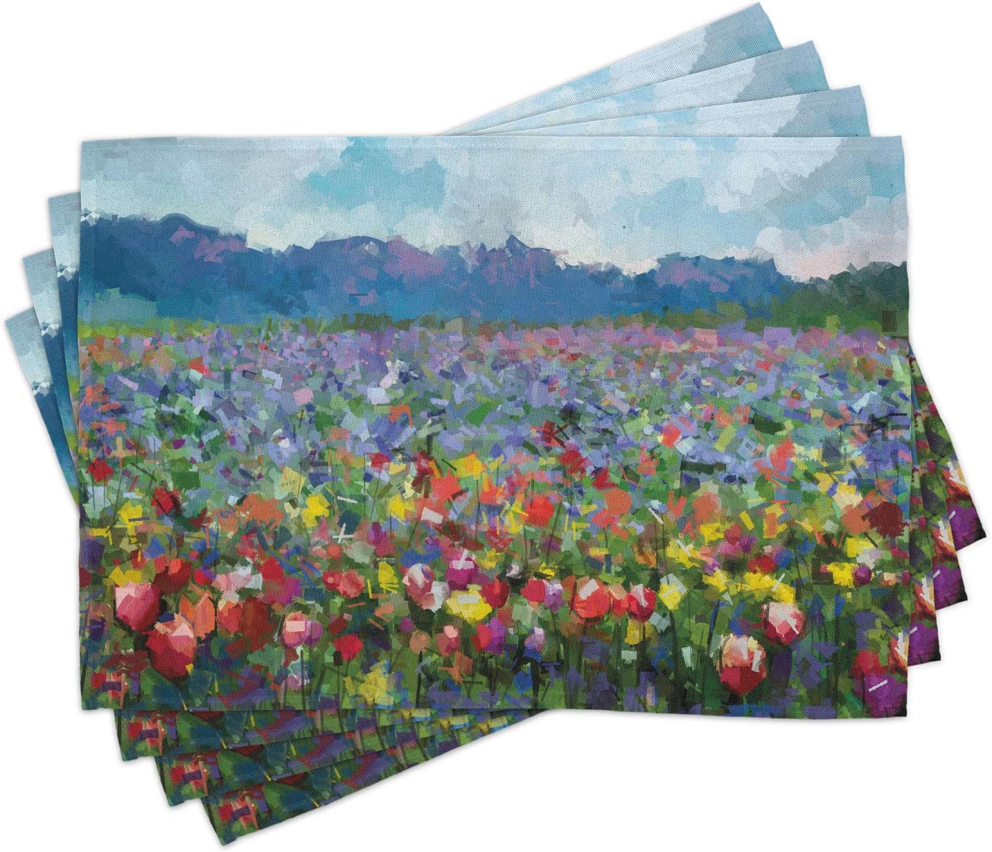 Ambesonne Art Place Mats Set of 4, Rural Landscape with Bunch of Tulip Flower Spring Meadow Refreshing Botany Blurry Image, Washable Fabric Placemats for Dining Table, Standard Size, Blue Ruby
