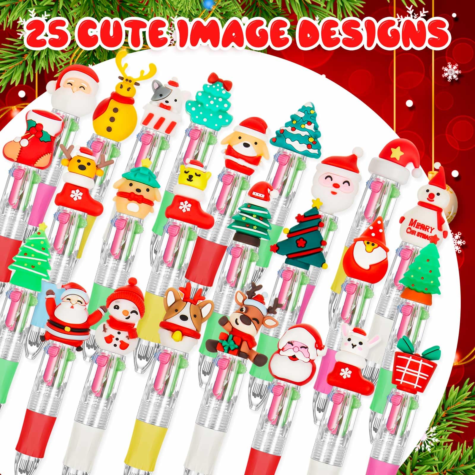 Kosiz 150 Pcs Christmas Fun Pen Bulk Mini Multicolor 4 in 1 Ballpoint Cute Retractable Pens for Winter — view 3