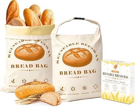 2 Pack Beeswax Bread Bags for Sourdough, Reusable Organic Cotton, XL 17x13 Inch Bread Storage, Food Storage Cloth Bag, Freezer-Safe & Moisture Lock Keep Fresh