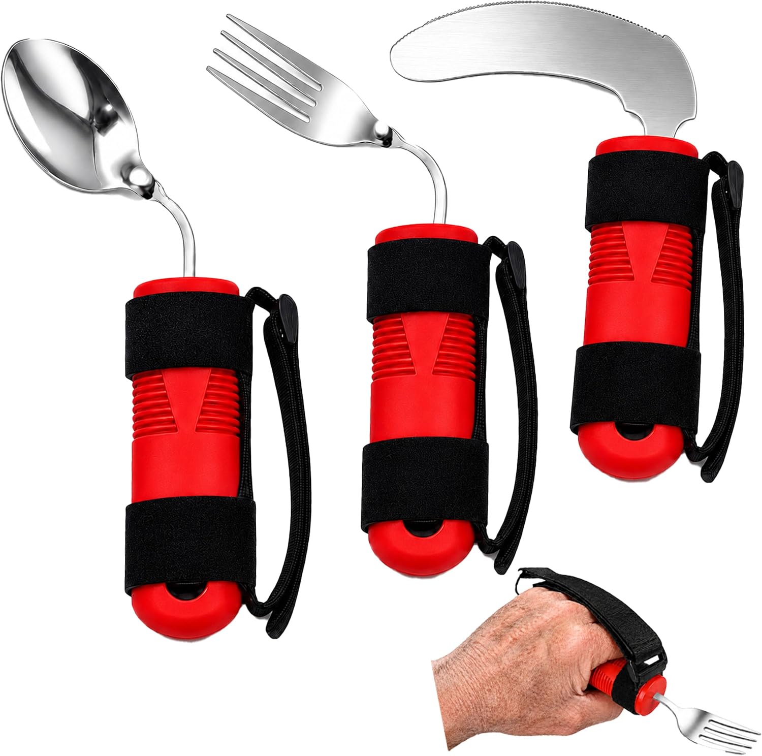 Bendable Adaptive Utensils 3-Piece Set, Parkinsons Fork Spoon Rocker Knife, Adjustable Angle Securing Strap, Built Up Easy Grip Handle, One Handed Eating Aids for Tremors Arthritis Elderly