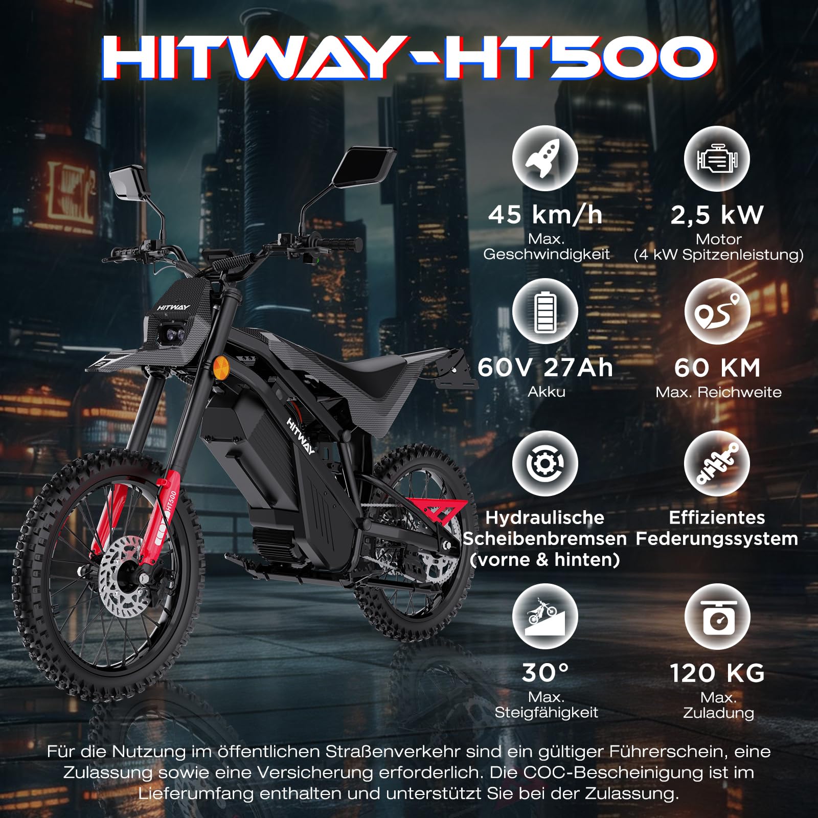 HITWAY HT500 Elektrisches Offroad-Motorrad, 4000W Spitzenleistung bürstenloser Motor, 60V 27Ah Lithium-Akku, bis zu 45 km/h, 45–60 km Reichweite, hydraulische Scheibenbremsen, EEC-zugelassen mit COC