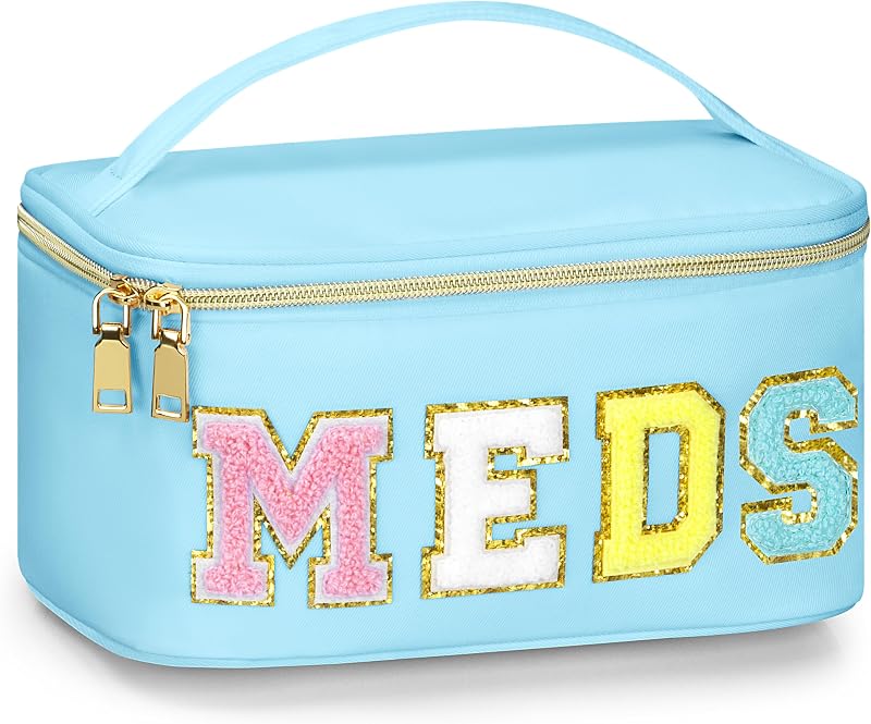 Necessaire BuyCard de nylon azul com zíper, alça e padrão MEDS