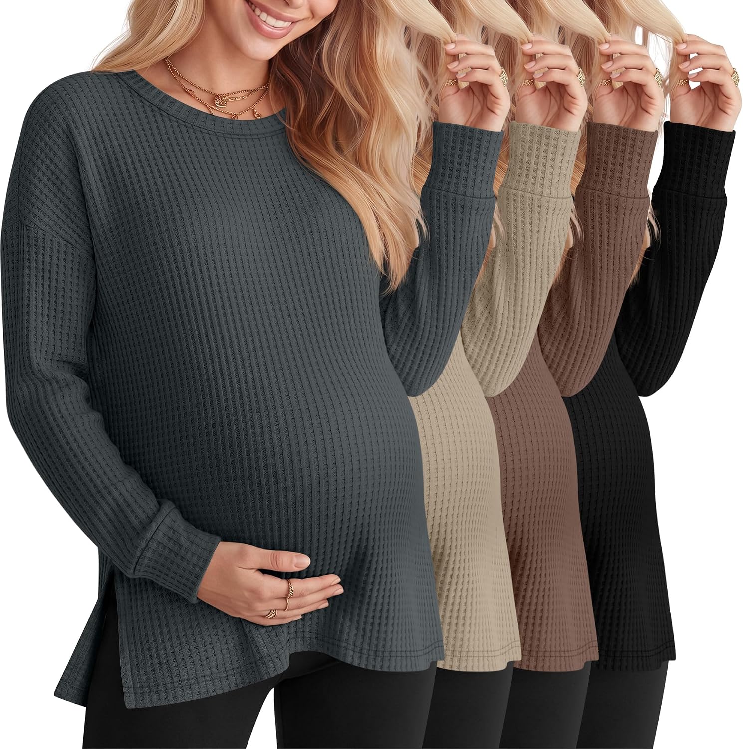 Xaatren 4 Pack Womens Maternity Long Sleeve Shirts Waffle Tops