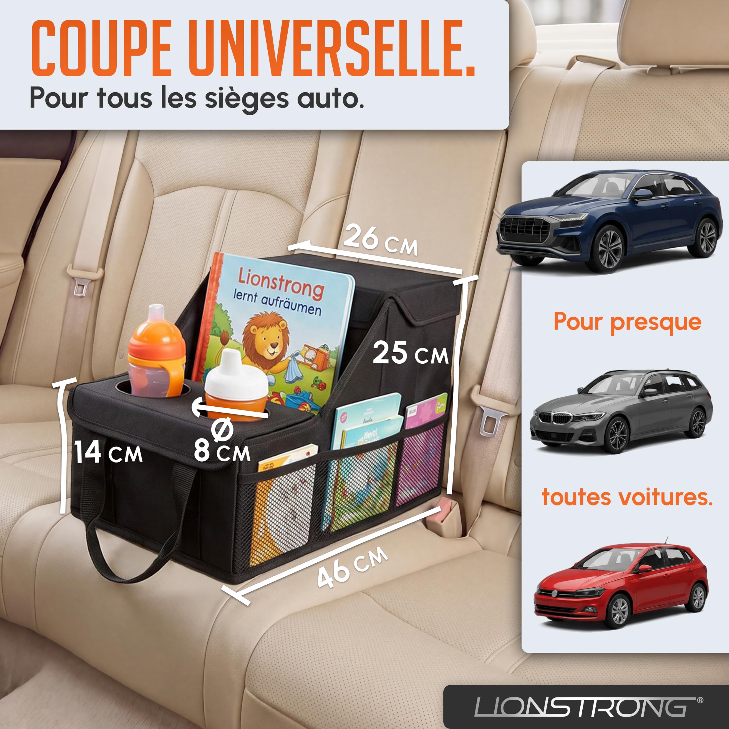 LIONSTRONG® Organisateur de Voiture [TRÈS STABLE GRÂCE AUX PANNEAUX PLASTIQUE] - Organisateur Universel Siège Arrière et Siège Avant - Idéal pour les Vacances - Espace pour Jouets - Résistant à l'Eau