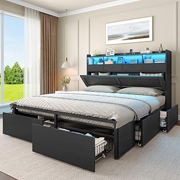 VIAGDO Full Size Bed Frame with Bookcase Headboard, 6 Drawers and Hidden Storage Cabinet, Wood Bed Frame Full Size with 4 Fabric Drawers, Charging Station and LED Lights, No Box Spring Needed, Black