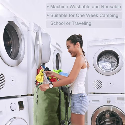 Vista 6 de BeeGreen Mochila de lavandería verde musgo para viaje, bolsa de lavandería con correas de hombro ajustables y cierre de cordón, XL bolsa de Verde