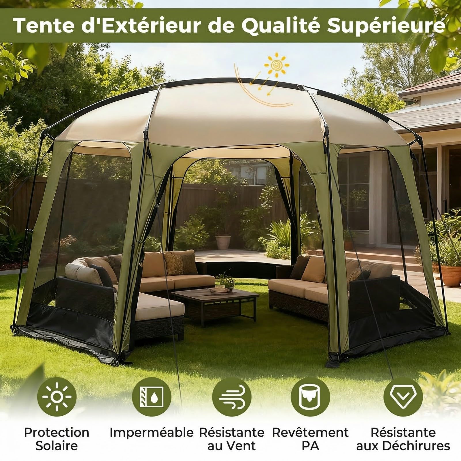 RELAX4LIFE Tente Moustiquaire pour 8 à 10 Personnes, Maille Anti-Insect | 3,8x3,5M Tonnelle de Jardin Extérieur, Porte Zippée, Sac de Transport, Abri Solaire Familial pour Activité Plein Air