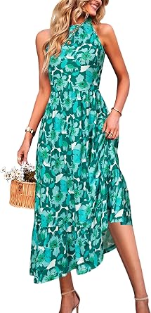 STYLEWORD Womens 2026 Summer Dress Maxi Vacation Floral Halter Neck Sleeveless Flowy Sundress with Pockets