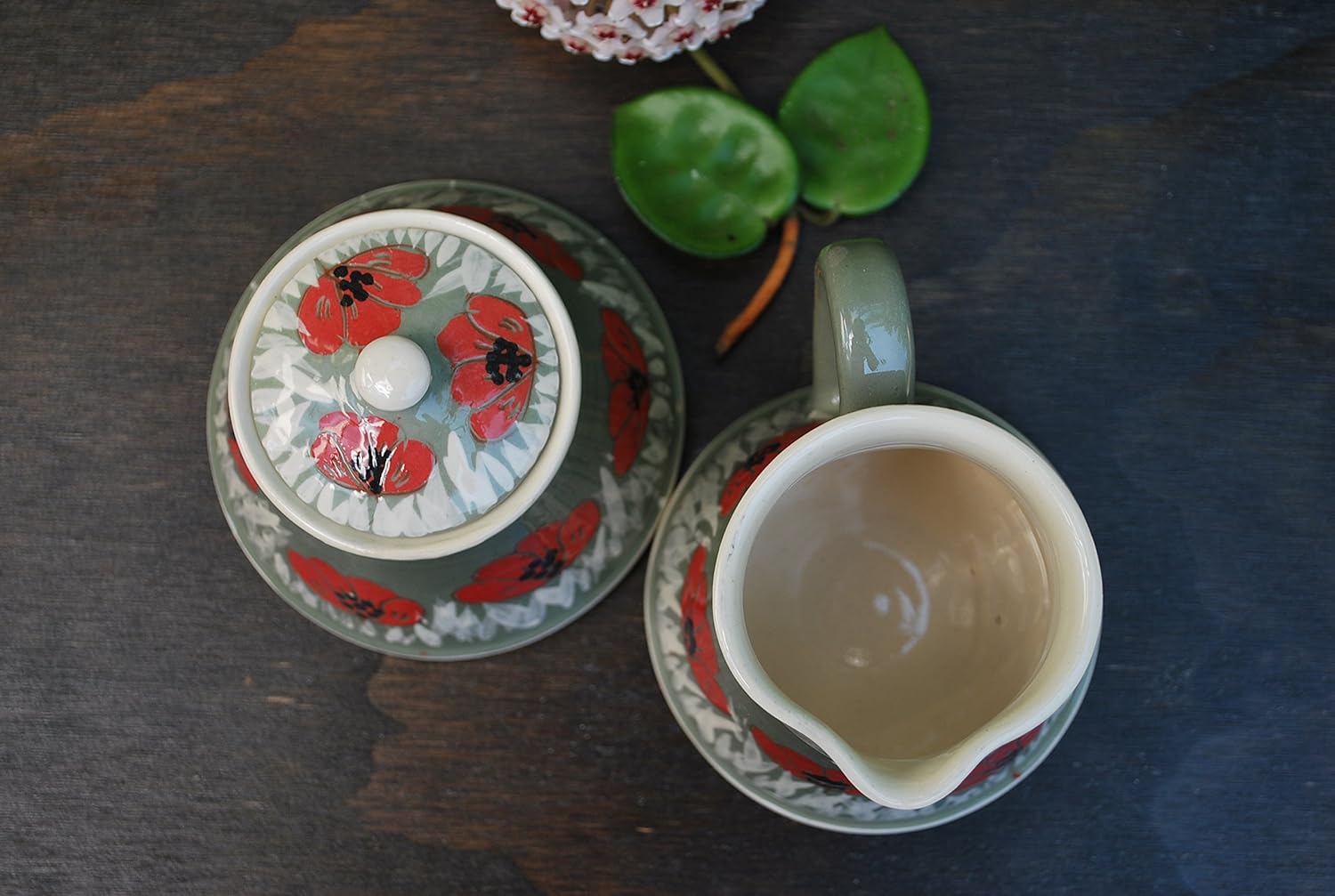 Handmade, hand painted, one-of- a kind ceramic art creamer set with poppy seeds