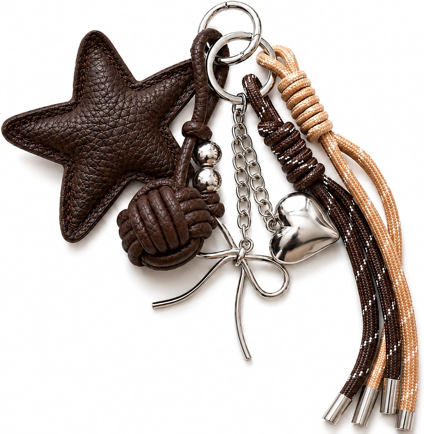 2-in-1 PU Leather Star Bag Charm Keychain for Handbags | 2-in-1 PU leather star bag charm with braided rope, heart and bow accents for handbags, backpacks and keys