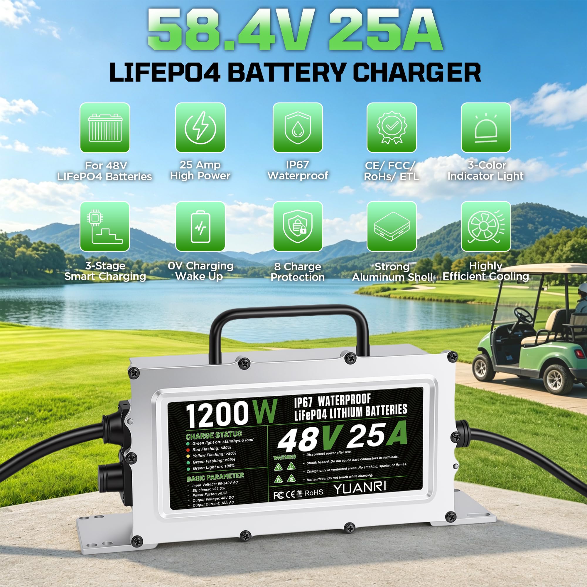Caricabatteria al litio da 25A 48V 48 volt Lifepo4 Caricabatteria | Sveglia 0V, impermeabile IP67, 8 protezioni, caricabatterie intelligente, connessione 3, indicatore a 3 colori
