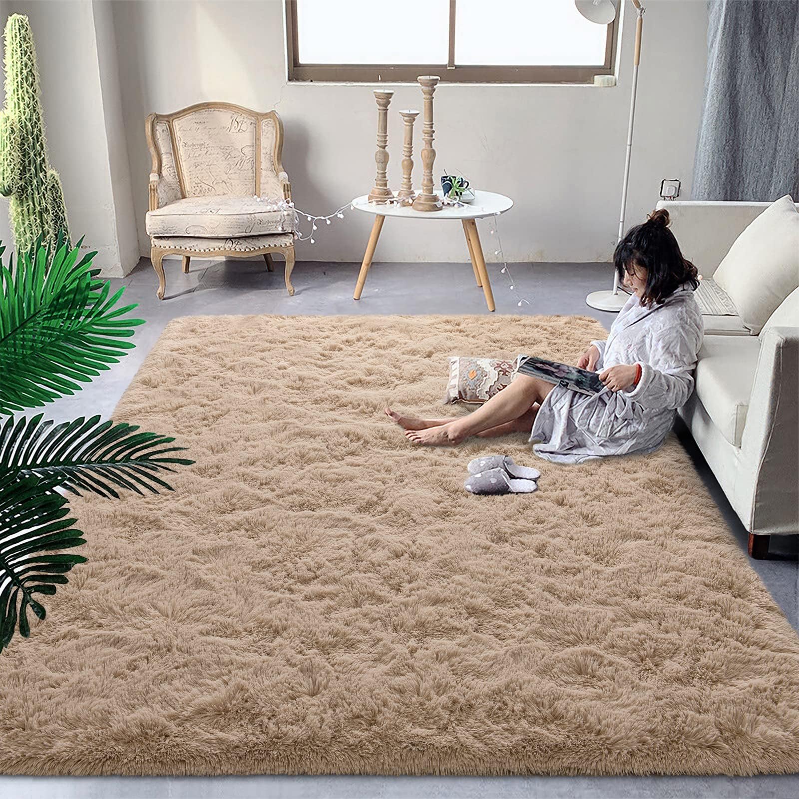 DweIke Fluffy Beige Rugs for Bedroom Living Room, 4x6 Feet Soft Plush Shaggy Light Tan Girls Boys Kids Rug, Non-Slip and Machine Washable Carpet for Dorm Nursery Classroom Decor