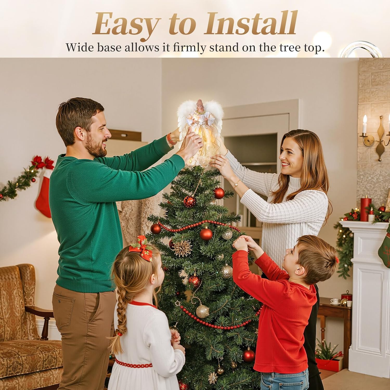 Lewondr Christmas Tree Topper Angel, 12'' Light Up Angel Tree Topper with Wings and Star Light, 6 Hrs Timer and 8 Modes USB and Remote Operated Christmas Decor for Holiday Home Decor, Light Yellow
