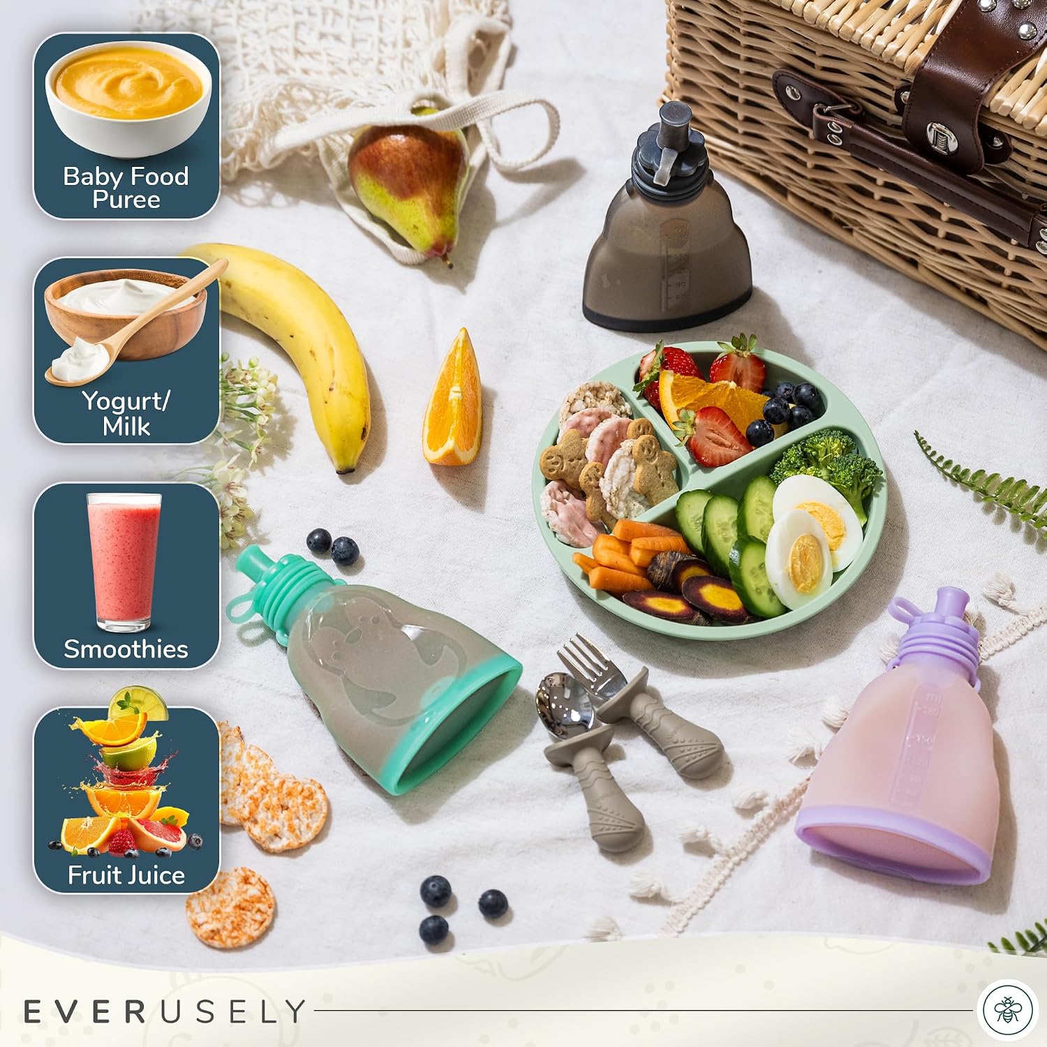 Everusely Reusable Baby Food Pouches for Toddlers - 2 Pack, 6 oz/180 ml, Lavender - Squeezable Silicone Food Pouch - Refillable, Leakproof, Spill Proof Puree Containers - BPA Free - Dishwasher Safe