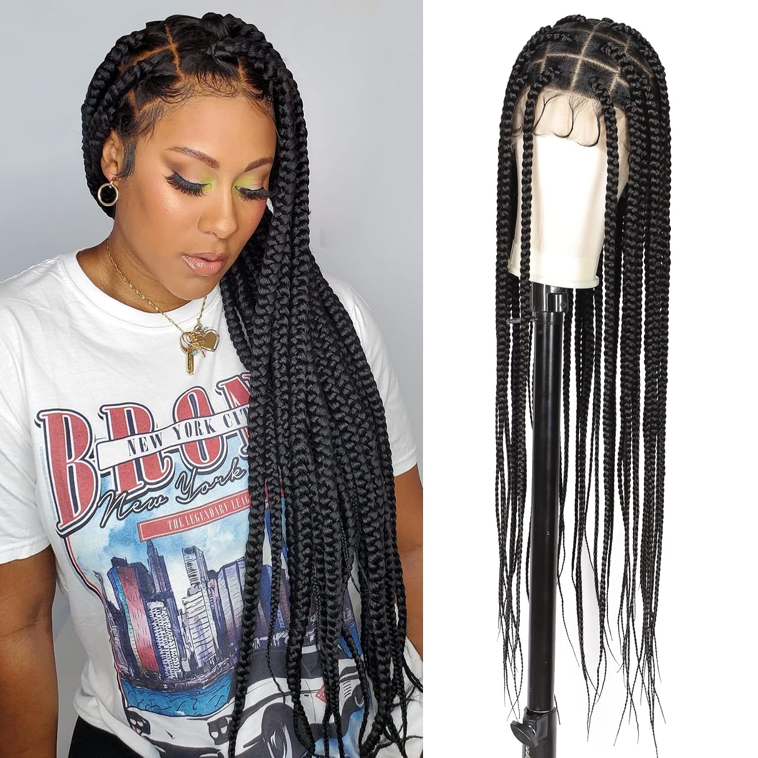 Lexqui 36″ Large Knotless Braided Wigs for Women Box Braid Wig Braided Lace Front Wigs Full Double Lace Braided Wigs Human Hair Blended braided wig with Baby Hair Natural Black