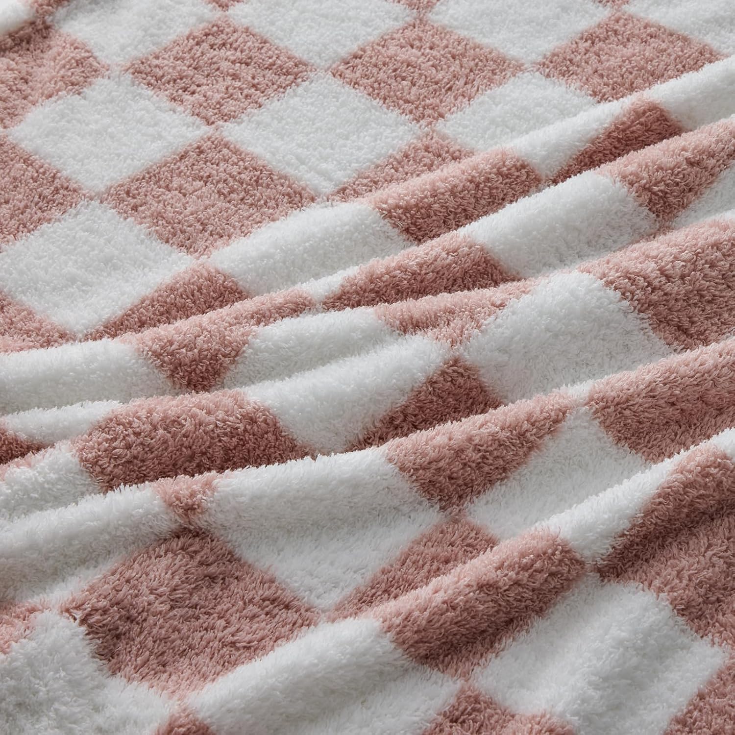 NEWCOSPLAY Knitted Pink White Checkered Blanket Super Soft Plush Throw for Couch Fuzzy Fluffy Microfiber Lightweight Blanket for Bed Sofa All Season Use (Pink White, Throw(50"x60"))
