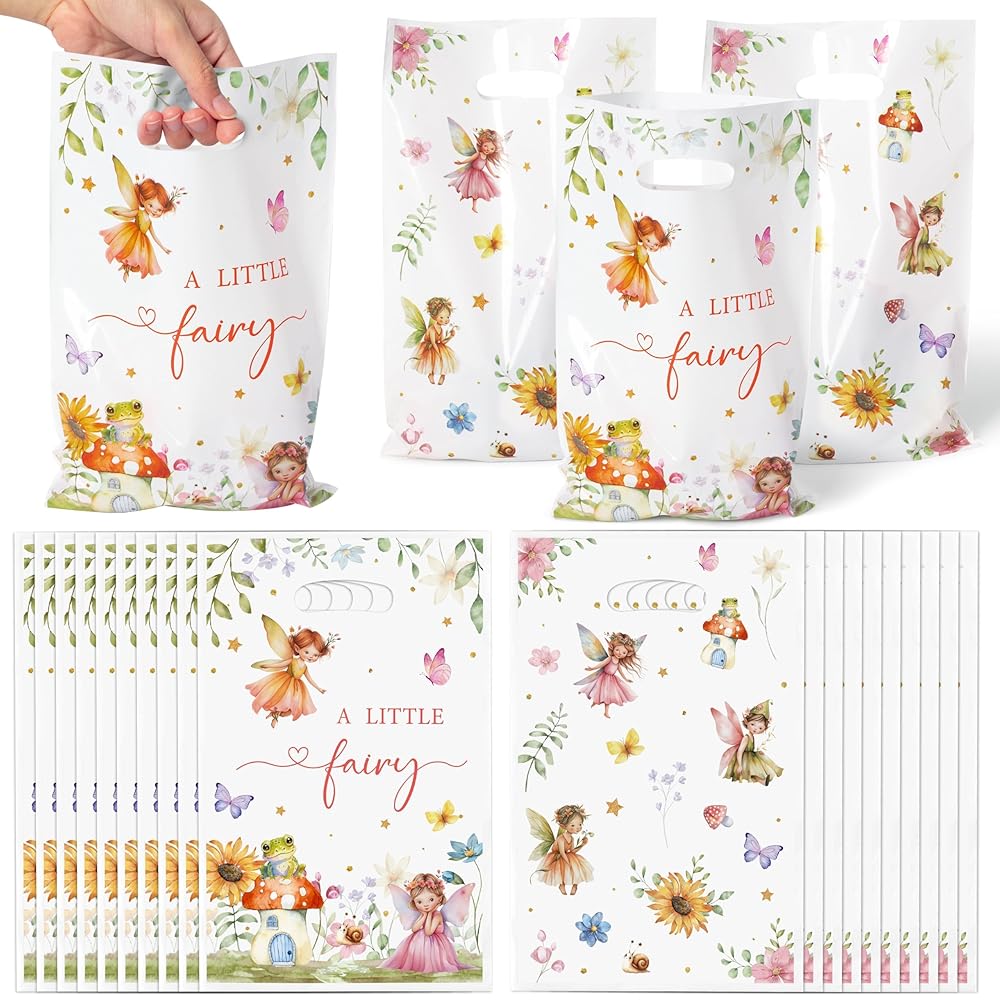 Fairy Party Favor Bags - 50Pcs A Little Fairy Goody Candy Treat Gifts Bags, Watercolor Floral Girls Themed Party Decorations for Kids Baby Girls Birthday Baby Shower Garden Events Supplies