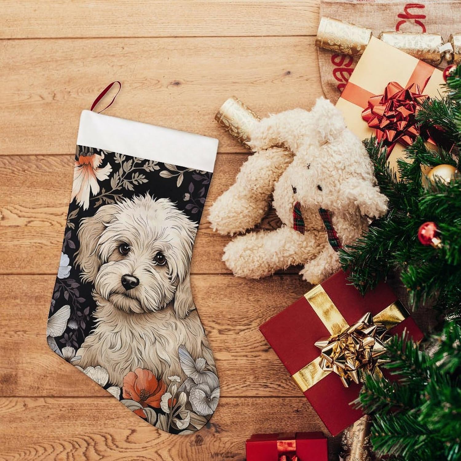 Hand Drawn Garden Dog Christmas Stockings with 10.2 Inch Plush Cuff - 16.5 Inch Large Xmas Stockings for Fireplace Hanging, Traditional Holiday Decor for Family Christmas Party image 5