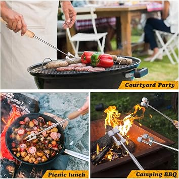 JC009 Barbecue Skewers Extendible Stainless Steel Wooden Handle Long Campfire Telescopic Extendable Kebab Skewers Meat Fork for Grilling, Campfire and Camping Pack of 2