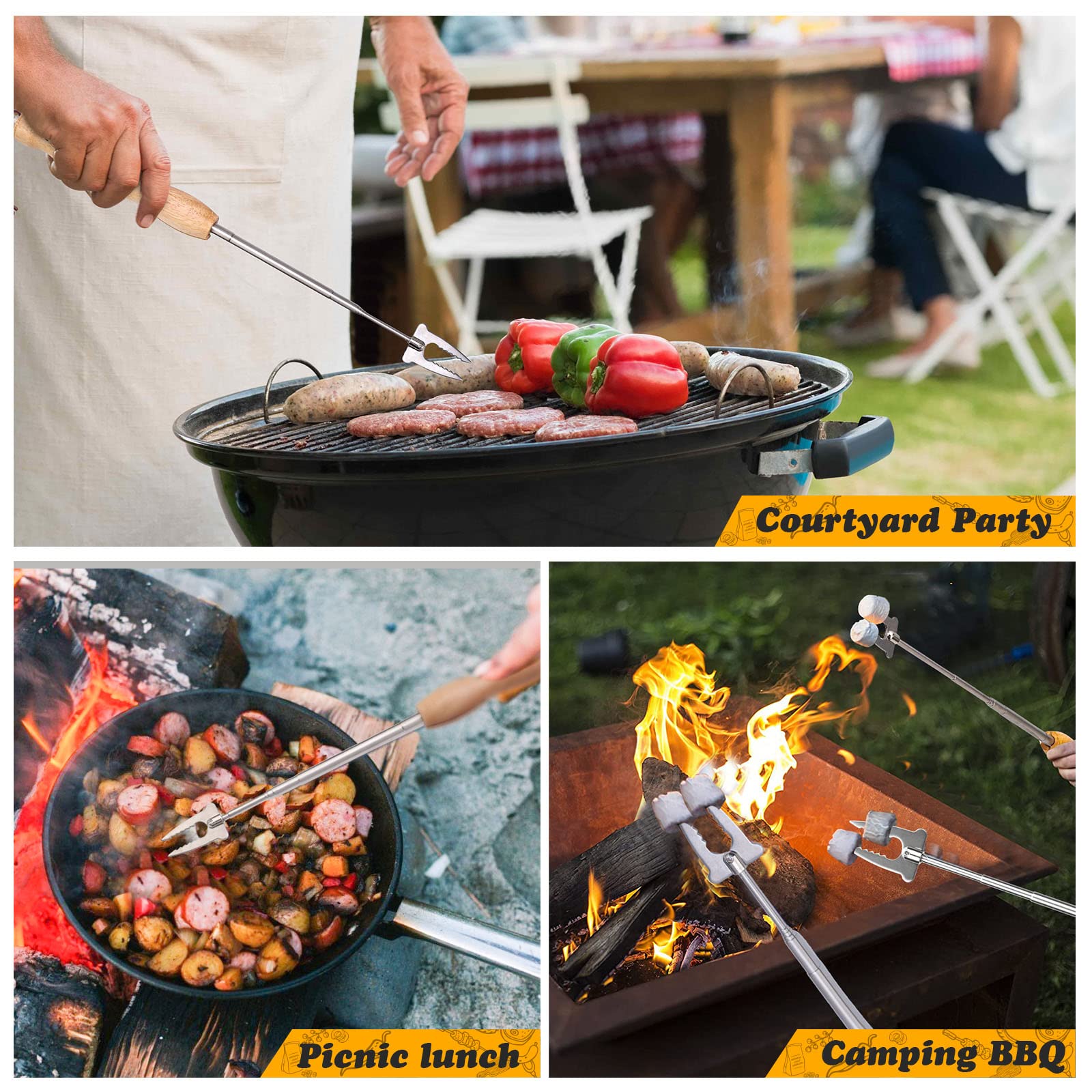 Rożen grillowy, widelec do grilla, wysuwany, 2 sztuki, stal nierdzewna, drewniany uchwyt, długi ognisko, teleskopowy, wysuwany szpikulec do szaszłyków, widelec do mięsa, do grillowania