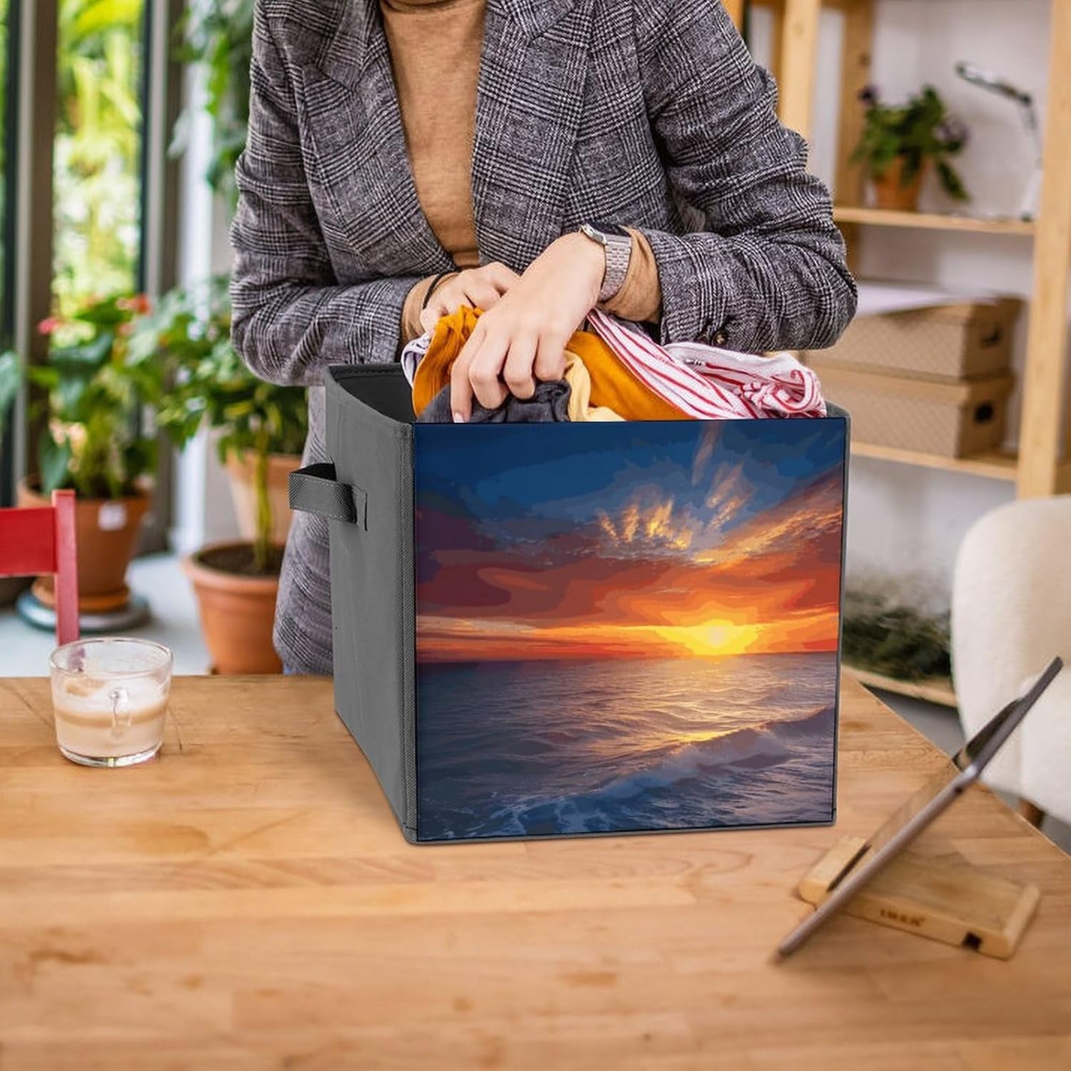 Folding Storage Bins Oxford Fabric Clothes Storage Boxes with Handles | Sea And Sunset Cube Organizer, Easy to Store, Multi Functional Cube Storage Organizer for Office Bedroom
