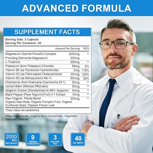 Miniatura 7 de Complejo triple de magnesio, formas de alta absorción de glicinato de magnesio, taurato y más además de extracto de hierbas de L-teanina y apigenina