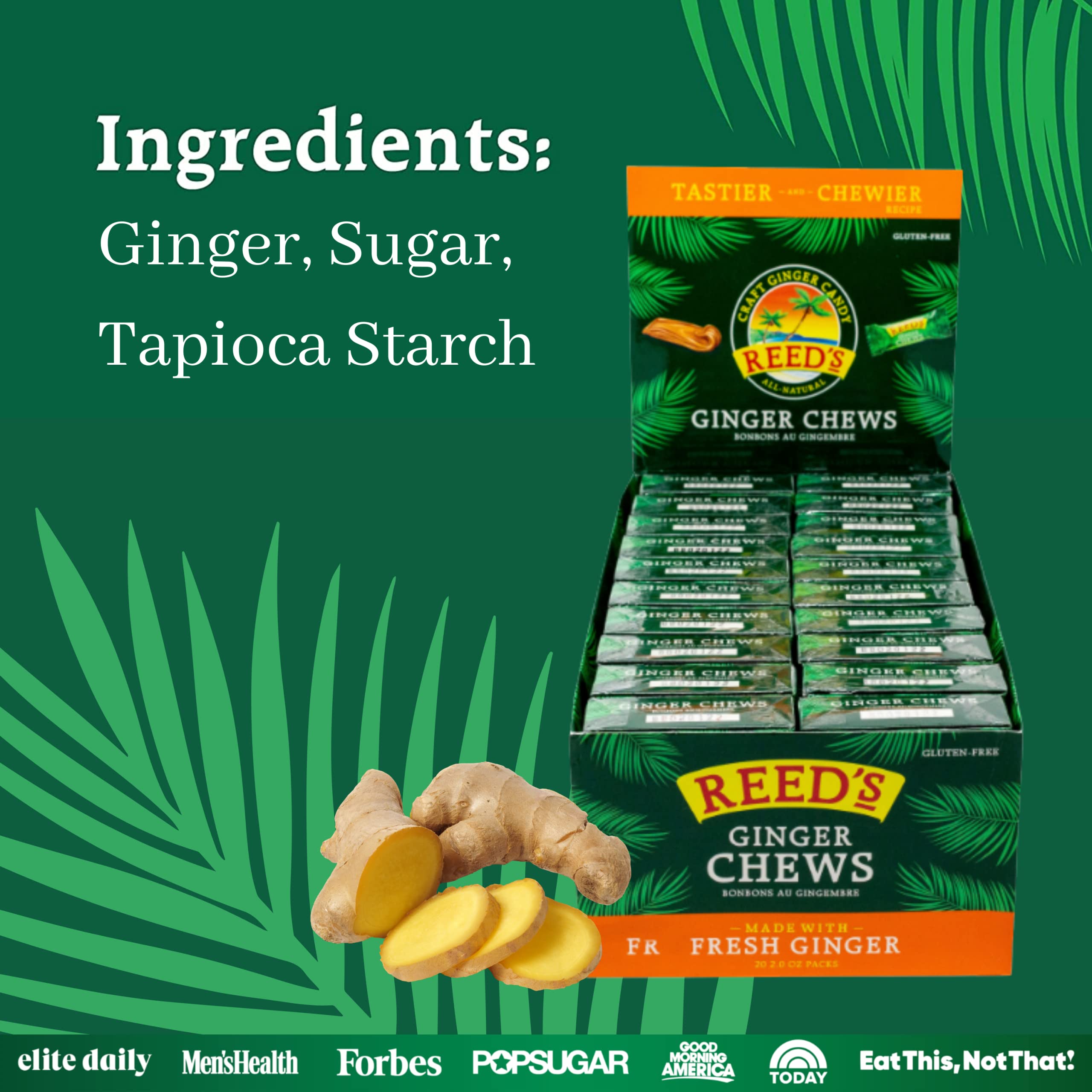 Reed's All Natural Ginger Chews Chewy Ginger Candy - Sweet & Spicy Individually Wrapped Candy For Snacking, Upset Stomach & Morning Sickness - Vegan Snacks - 2oz Box, Bulk Pack of 20)