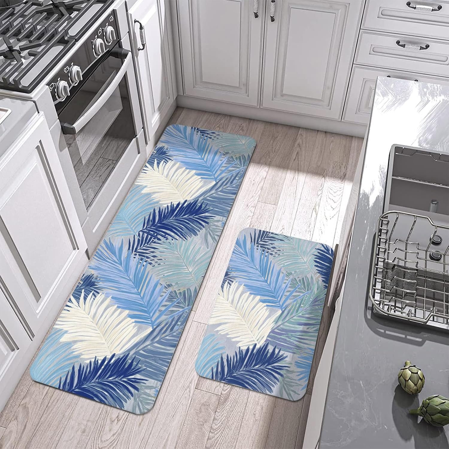 Blue Grey Palm Leaves Kitchen Mats Set of 2 Summer Tropical Botanical Coastal Non Slip Mat Washable Floor Rug for Kitchen Sink Floor Laundry, 19.7"x31.5"+19.7"x63"