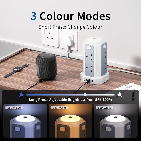 Tower Extension Lead (3250W 13A) Extension Tower with Night Light 8 AC Outlets & 4 USB Ports Surge Protection Extension Lead with 4 Independent Switch, Extension Cable 3M for Office, Home