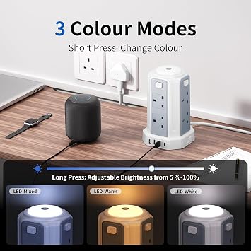 Tower Extension Lead (3250W 13A) Extension Tower with Night Light 8 AC Outlets & 4 USB Ports Surge Protection Extension Lead with 4 Independent Switch, Extension Cable 3M for Office, Home
