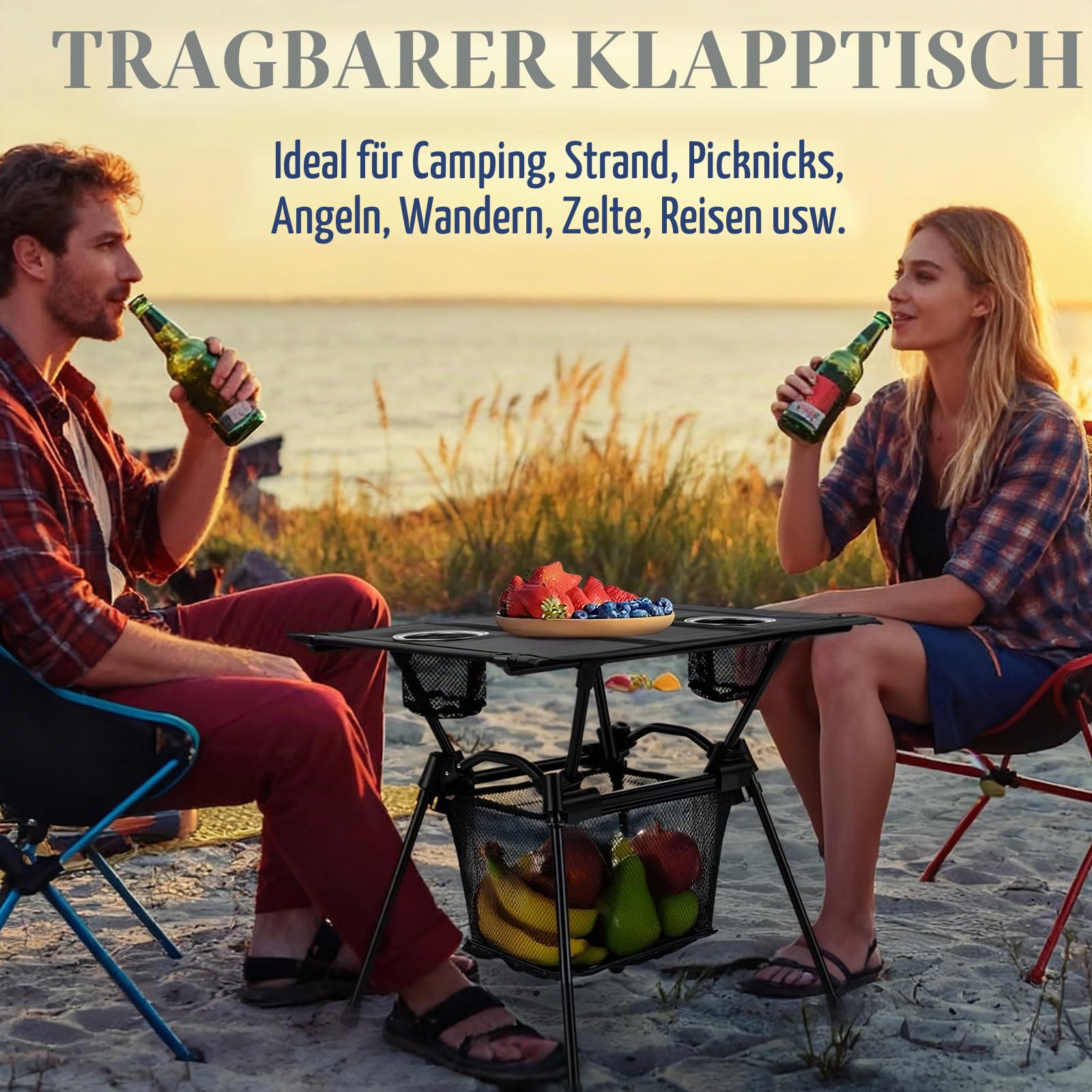 GARLLEN Campingtisch klappbar, 60x43x51cm Camping Tisch Klapptisch mit Getränkehalter, Netztasche & Tragetasche, Ultraleicht Gartentisch Picknicktisch Kleiner Tisch Outdoor für Strand Angeln Wandern