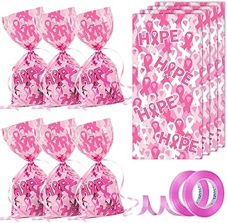Breast Cancer Awareness Accessories, 204Pcs Ribbon Party Supplies, 4 Rolls of 11 Yards Ribbon, 200Pcs Breast Cancer Support Cellophane Bags for Breast Cancer Parties Present Wrapping