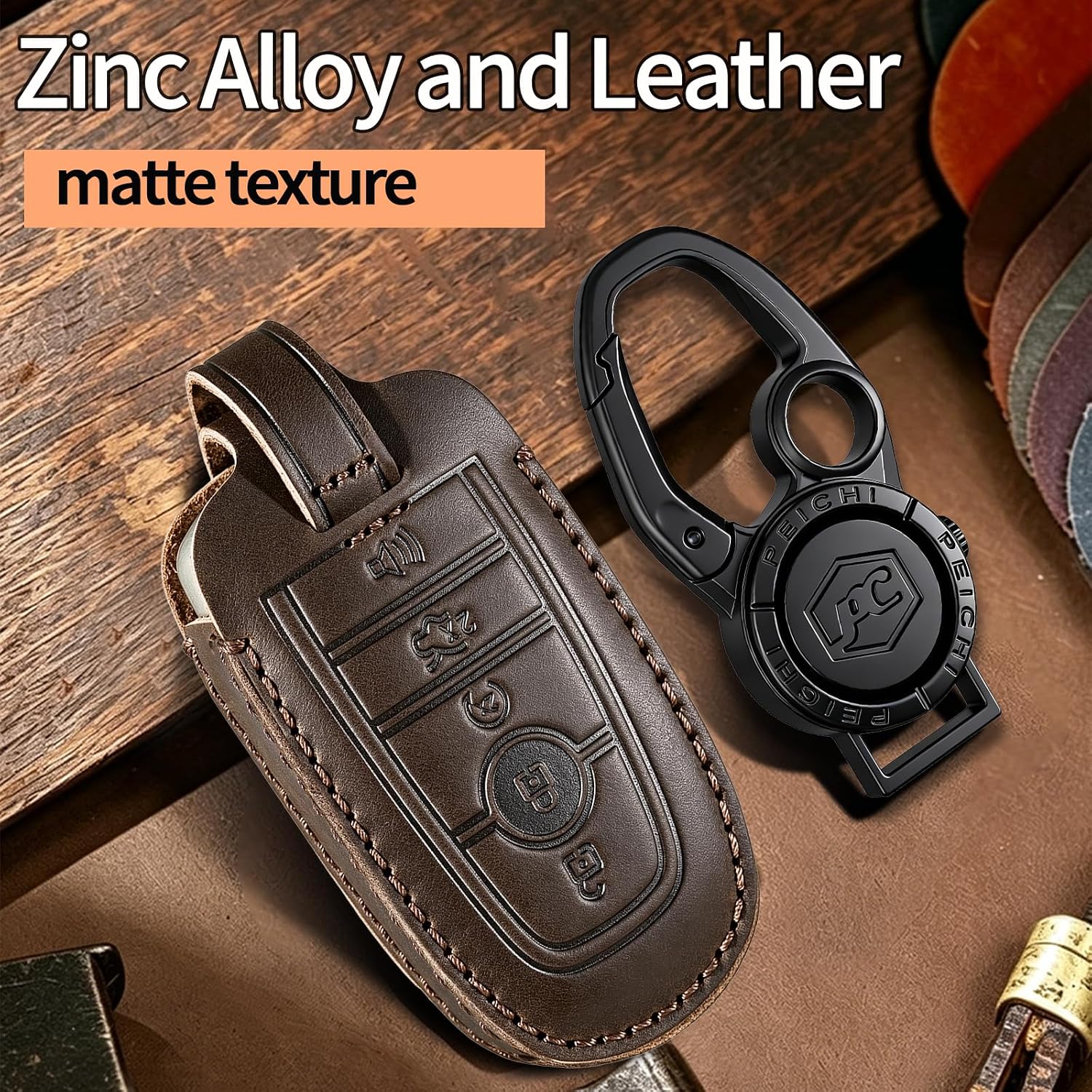 Leather Key Fob Cover Compatible with 2017-2024 Bronco Escape Mustang Explorer F150 F250 F350 Key Holder Protector(K-Dark) image 3