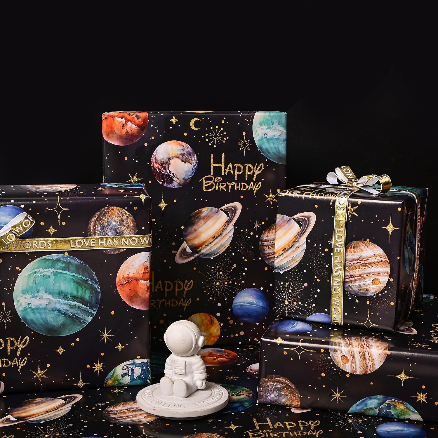 Vnaaem Space Wrapping Paper Roll for Boys Girls Kids - Solar System Planets & Happy Birthday Galaxy Gift Wrap for Kid's Birthday Baby Shower Holiday Craft DIY Party - 17 in x 20 ft(Total 28.5sq.ft)