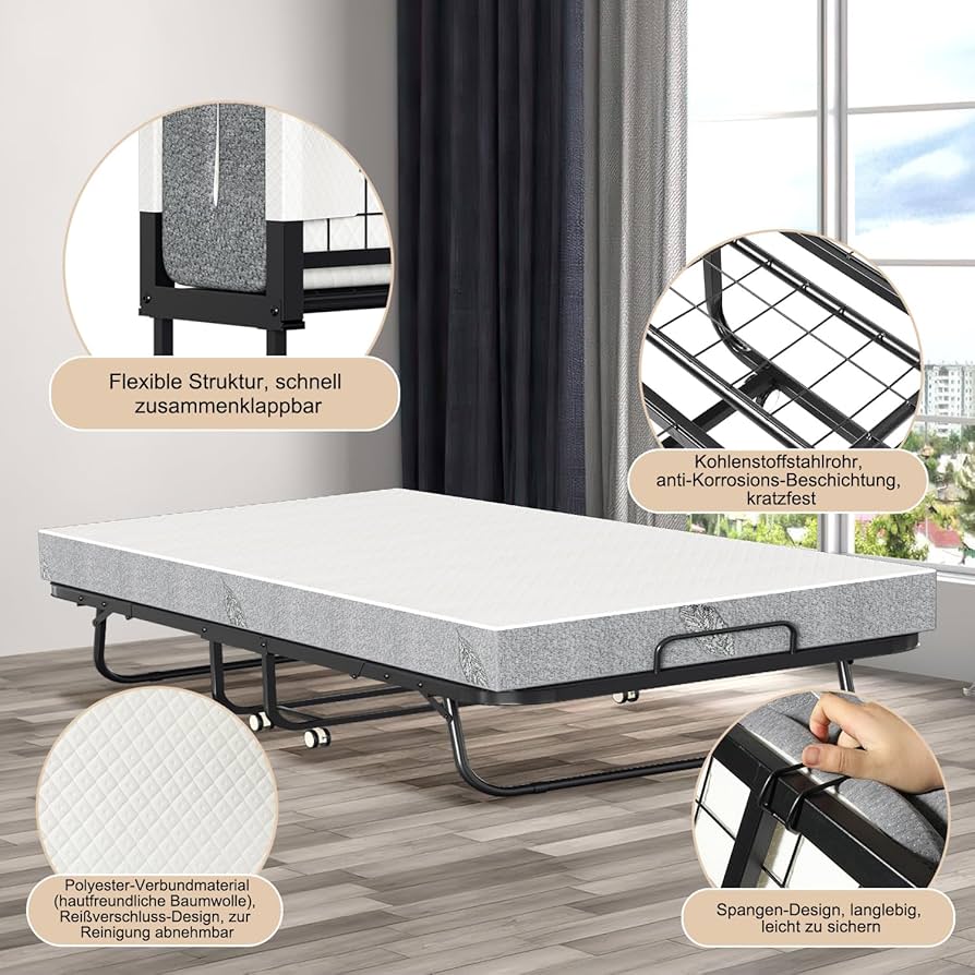 Letto Pieghevole Singolo 90x200 Cm Con Materasso Memory Foam - Brandina Per Ospiti Con Ruote | Fino A 200 Kg - Foto 5