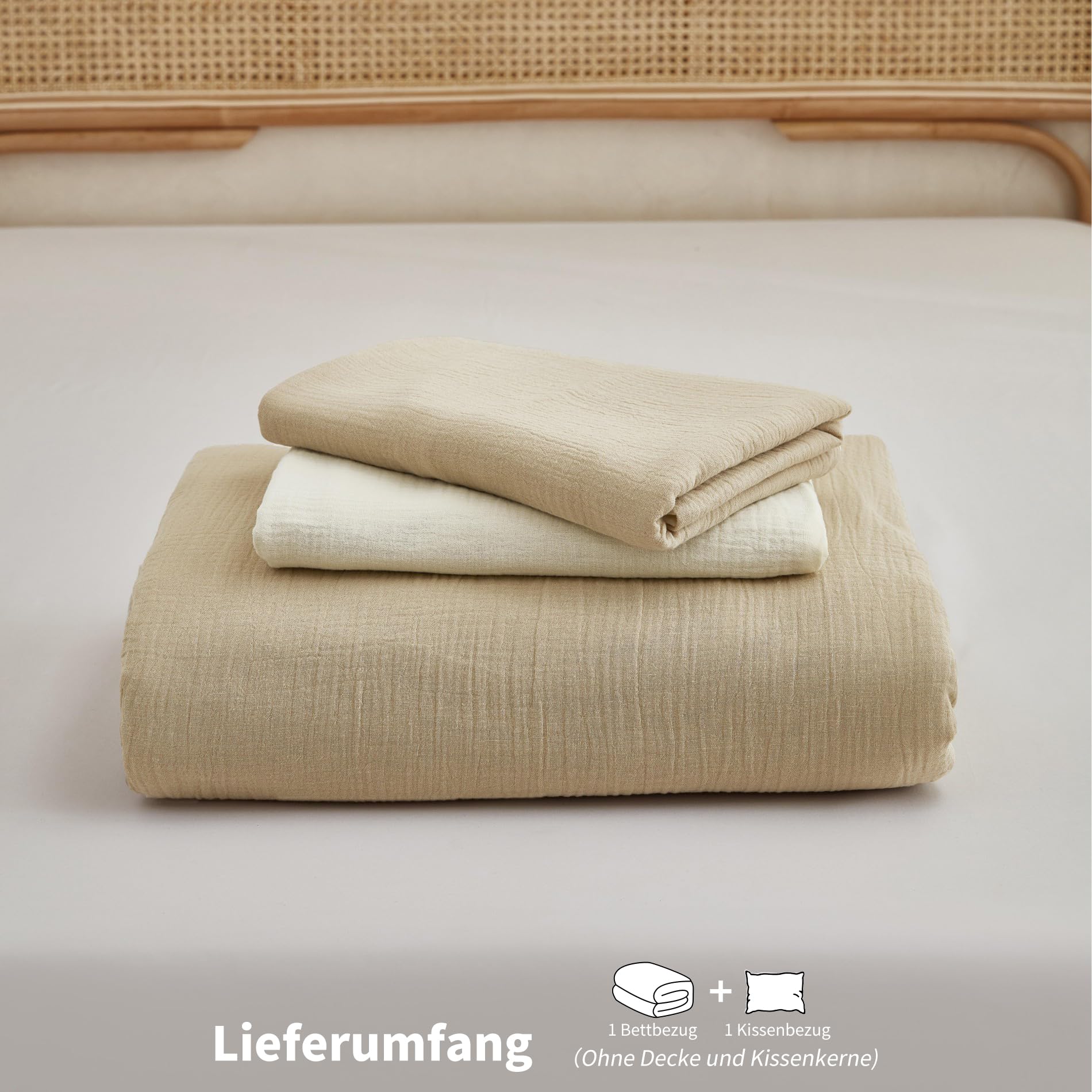 Juego de ropa de cama doble de muselina 135x200, color caqui y beige claro, 100% algodón, muselina, ropa de cama suave, transpirable, acogedora, juego de edredón de 2 piezas con cremallera y
