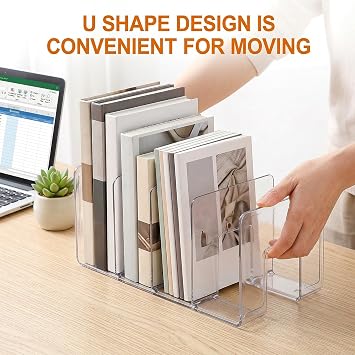 Lawei 4 Pack Acrylic File Sorter, 4-Section Clear Desktop File Folder Holder Organizer, Thick Office Storage Stand Rack for Book, Envelopes, Mail, Document, Notebook, Binder, Purse, Clutch Divider