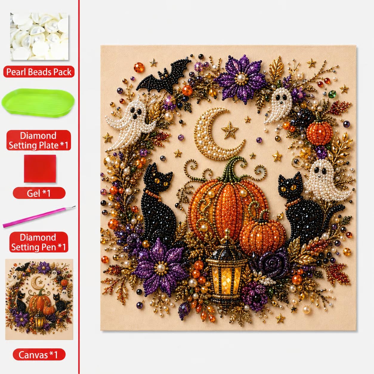 Halloween Diamond Pearl Painting, Ghost Witch Highland Troll Bone Pumpkin Pearl Water Diamond Decoration, DIY Pearl Diamond Art Painting, Indoor Family Party Wall Decoration Gift (Pumpkin) image 2