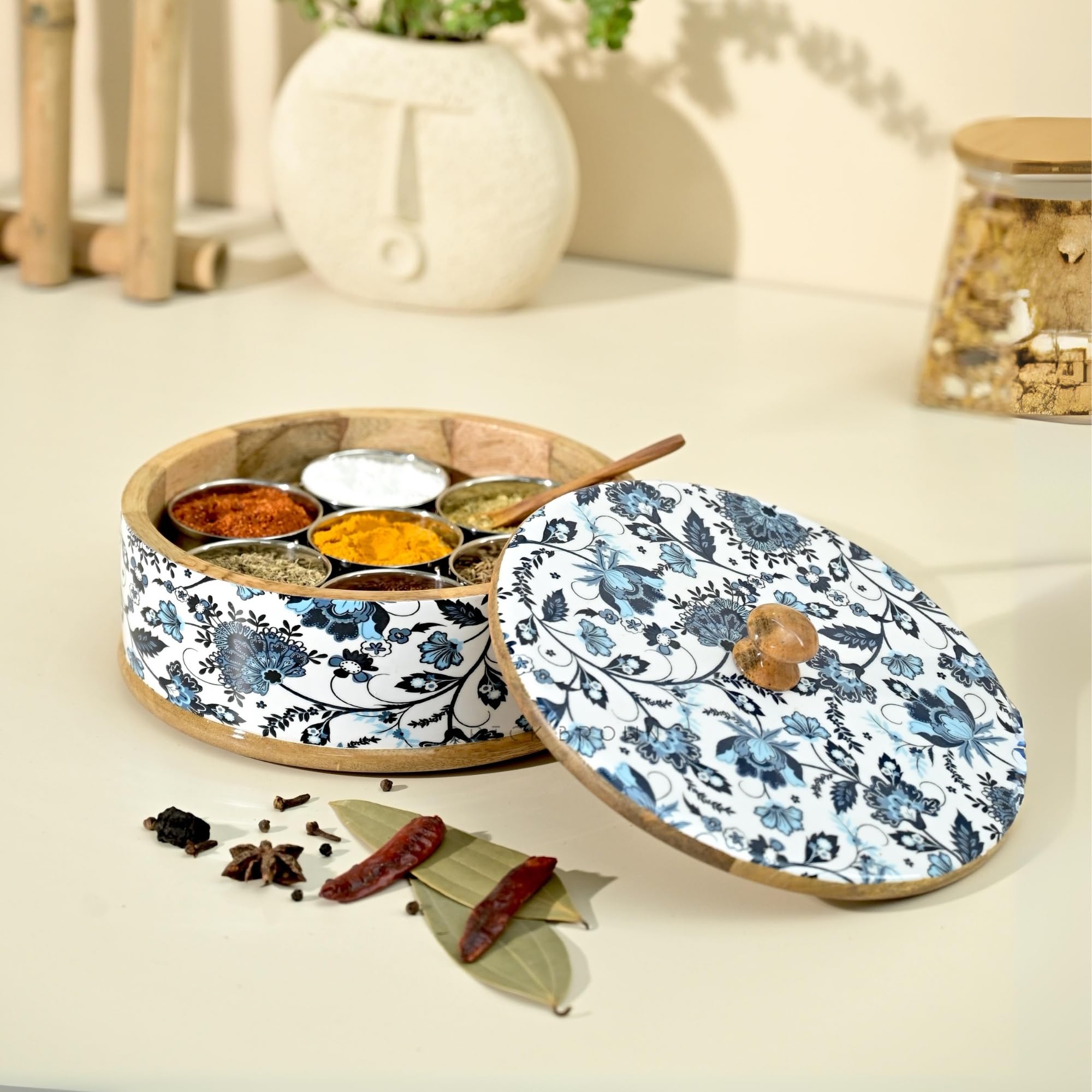 Handcrafted Wooden Floral Masala Box for Kitchen | Masala Dabba | Spice Jars | Spice Rack Organizer Storage Box with 7 Containers & 1 wooden spoon(8.25x 3.75 Inch)