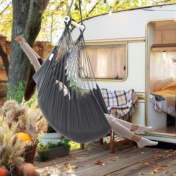 Swing Chair with Hardware Kit: Ohuhu XL Portable Hanging Chairs with 2 Cushions Detachable Metal Support Bar Side Pocket for Indoor, Hammock Chair for Patio Bedrooms Teen Girls Room Decor, Gray