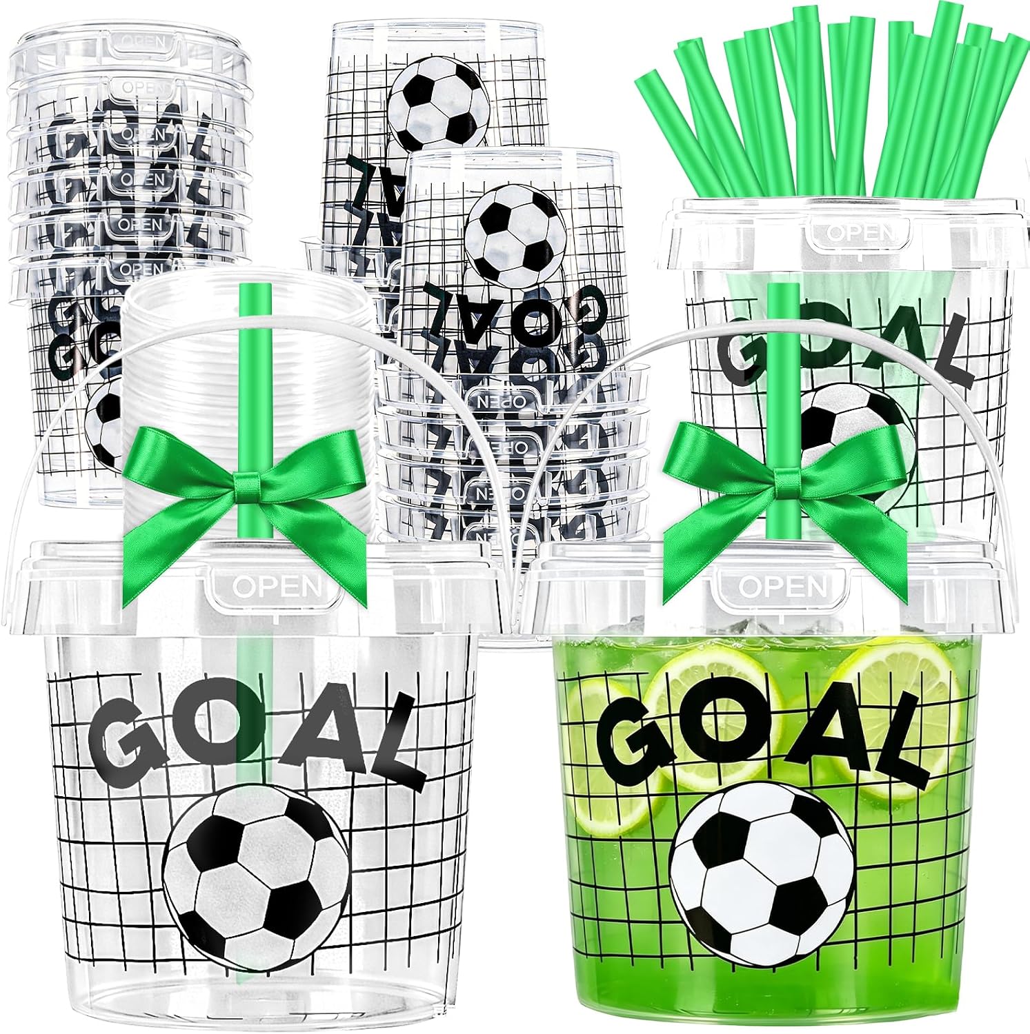24 Pack Drink Buckets with Lids and Straws - 24oz Reusable Plastic Soccer Cups (Tumblers) with Handle & Ribbon - for Soccer Party Favors, Team Gifts, Sports Themed Birthday Supplies