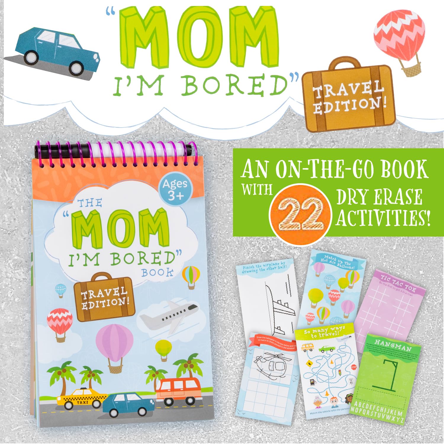 Squirrel Products Mom, I'm Bored Children's Activity Book, Fun Reusable Dry Erase Toy - Roadtrip Essentials, Word Games, Screen Free Activites for Kids Ages 3 and Up - Travel Version