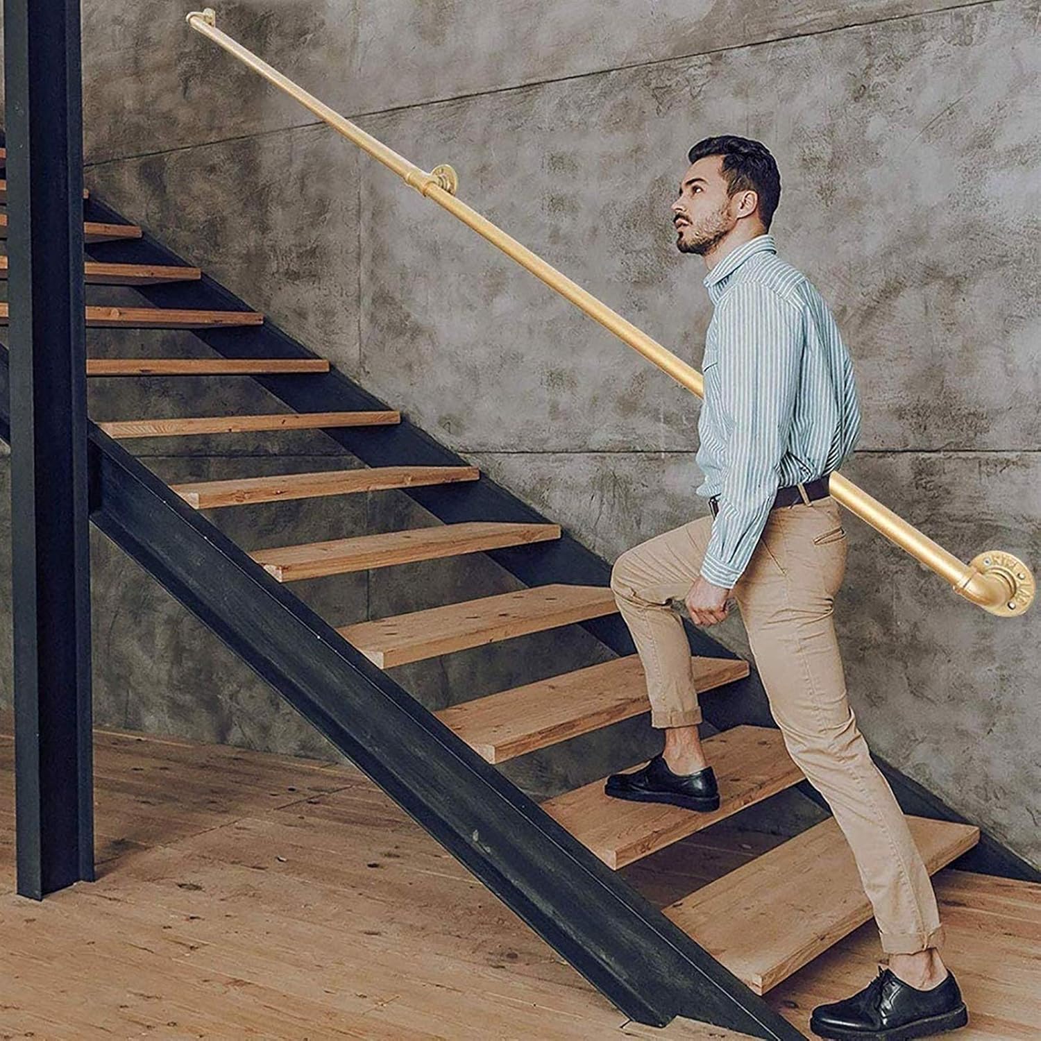 Staircase Handrail (1ft-20ft). Wrought Iron Banister Rail Wall Support Hand Railings for Stairs, Loft Corridor Anti-Slip Railings Support Rod, Gold (Size : 1ft)