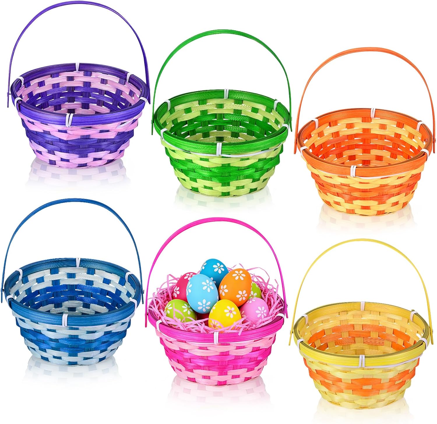 6 Pcs Easter Bamboo Baskets Woven Goodie Baskets with Handle for Easter Egg Hunt, Wicker Woven Candy Toys Storage Baskets for Picnic,DIY Crafts, Spring Decor,Party Favors Decor (6)