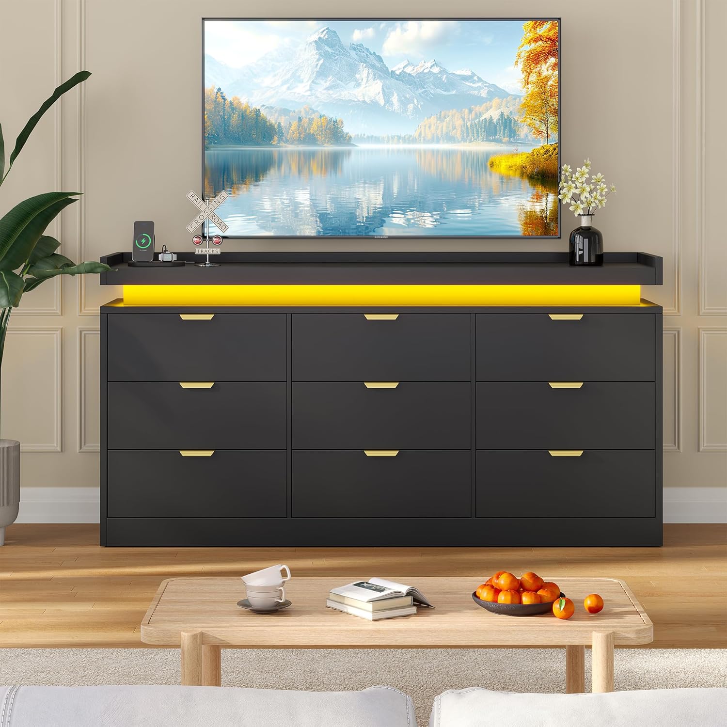 knoworld 9 Drawer Dresser for Bedroom, Black Dresser with LED Lights and Power Outlet, Large Wooden Dressers Modern Chest of Drawers, Triple Wide Drawer LED Dressers for Bedroom, Entryway, Hallway