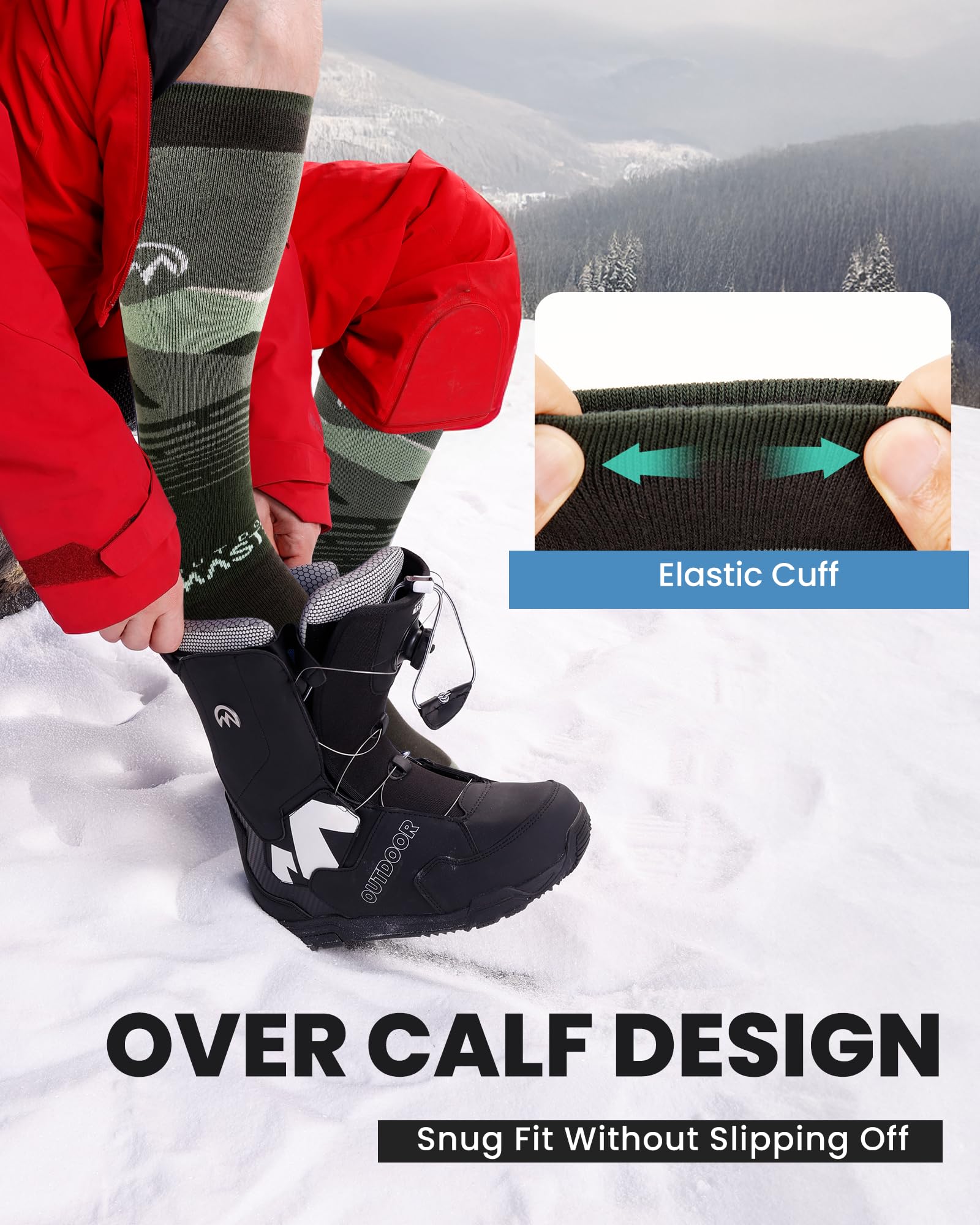 OutdoorMaster 2 Paia Calze da Sci per Uomo, Calze Termiche Invernali da Snowboard Traspiranti Termico per Sport All'aria aperta con Sopra il Polpaccio Design/Polsini Antiscivolo
