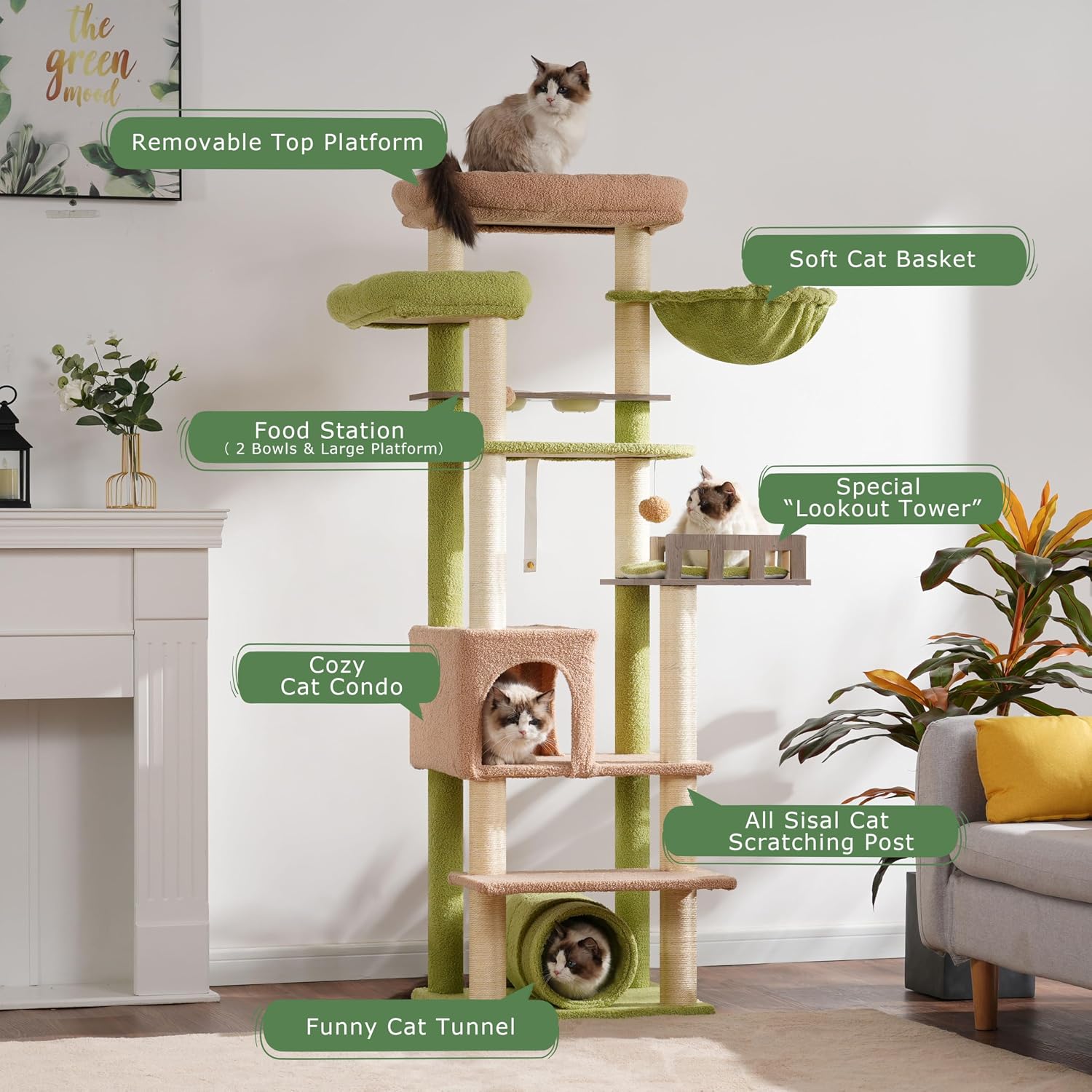 Gitelsnour GCT021GY Cat Tree with labels pointing to its features: Removable Top Platform, Soft Cat Basket, Food Station, Special Lookout Tower, Cozy Cat Condo, All Sisal Cat Scratching Post, Funny Cat Tunnel.